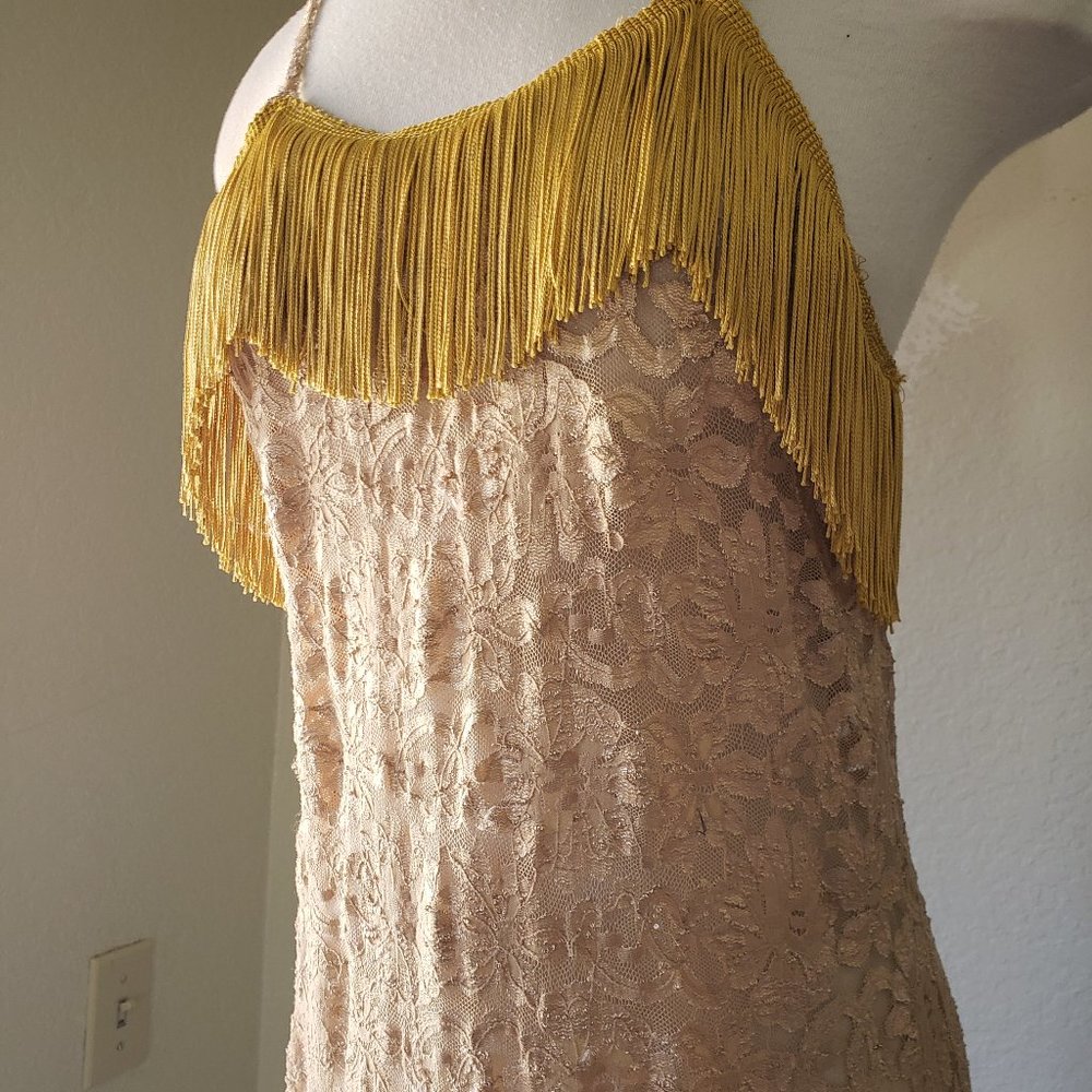 Vintage Style Flapper Dress W/ Gold Lace & Fringe